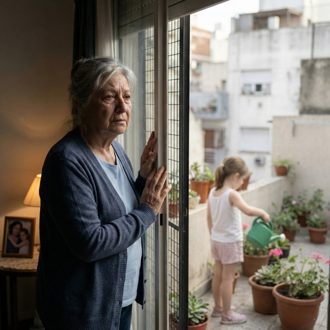 Abuela mirando a su nieta regar sola